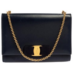 Salvatore Ferragamo Blue Leather Vara Bow Chain Shoulder Bag