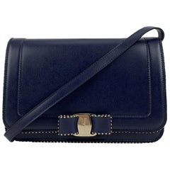 Salvatore Ferragamo Blue Leather Vara RW Bow Flap Shoulder Bag