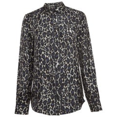 Salvatore Ferragamo Camisa de manga larga de seda con encaje y estampado de leopardo azul S