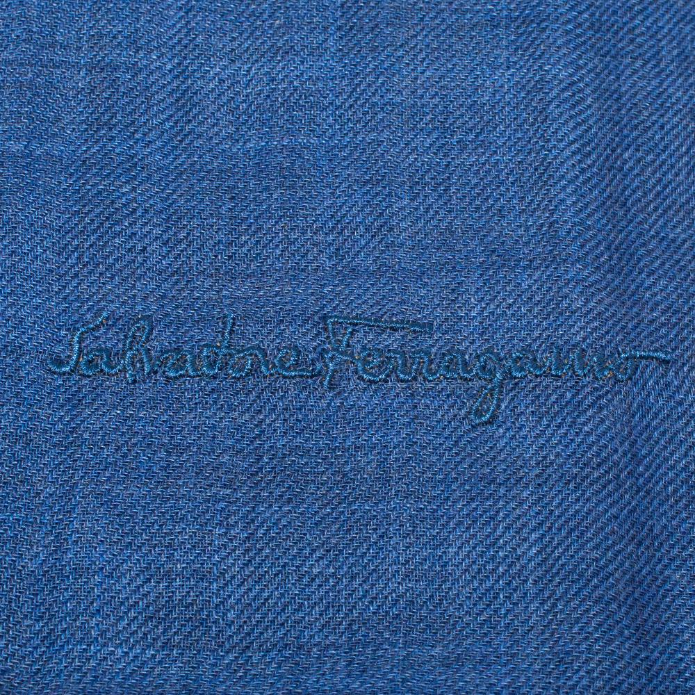 Women's Salvatore Ferragamo Blue Logo Embroidered Cashmere Scarf