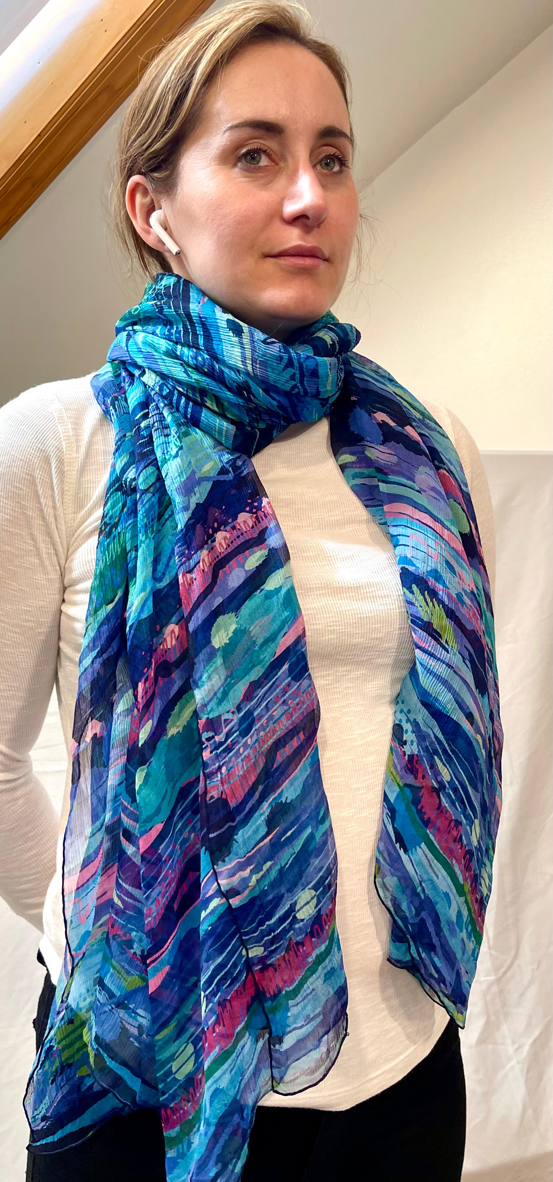 Salvatore Ferragamo Blue Marine  Silk Modern Print Scarf, Extra Long In Excellent Condition For Sale In New York, NY