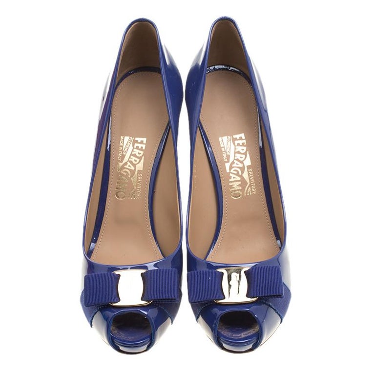 Salvatore Ferragamo Blue Patent Leather Plum Bow Detail Peep Toe Pumps ...