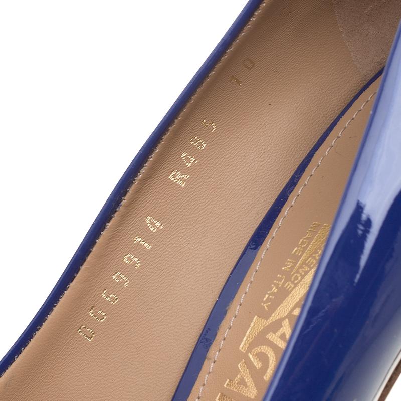Salvatore Ferragamo Blue Patent Leather Plum Bow Detail Peep Toe Pumps Size 40.5 1