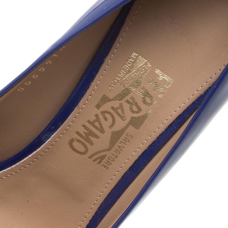Salvatore Ferragamo Blue Patent Leather Plum Bow Detail Peep Toe Pumps Size 40.5 2