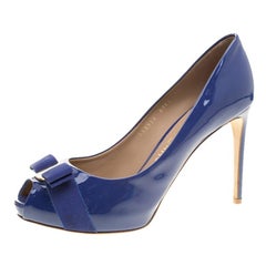 Salvatore Ferragamo Blue Patent Leather Plum Bow Detail Peep Toe Pumps Size 40.5