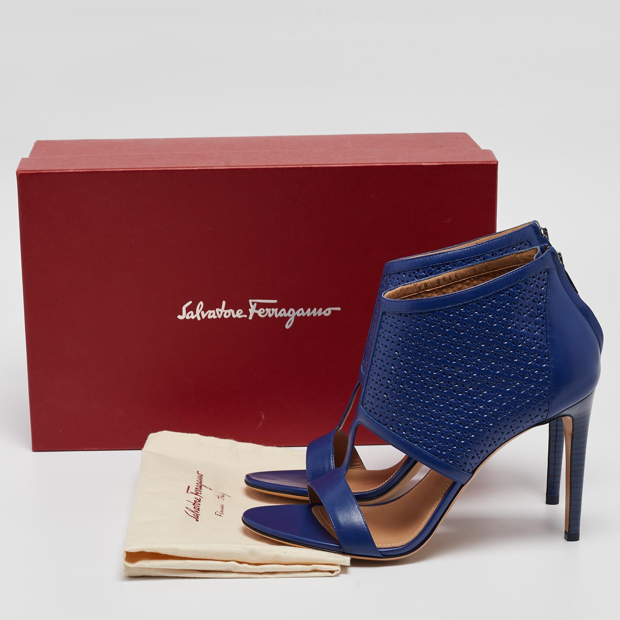 Women's Salvatore Ferragamo Blue Perforated Leather Pacella Open-Toe Booties Size 40 For Sale