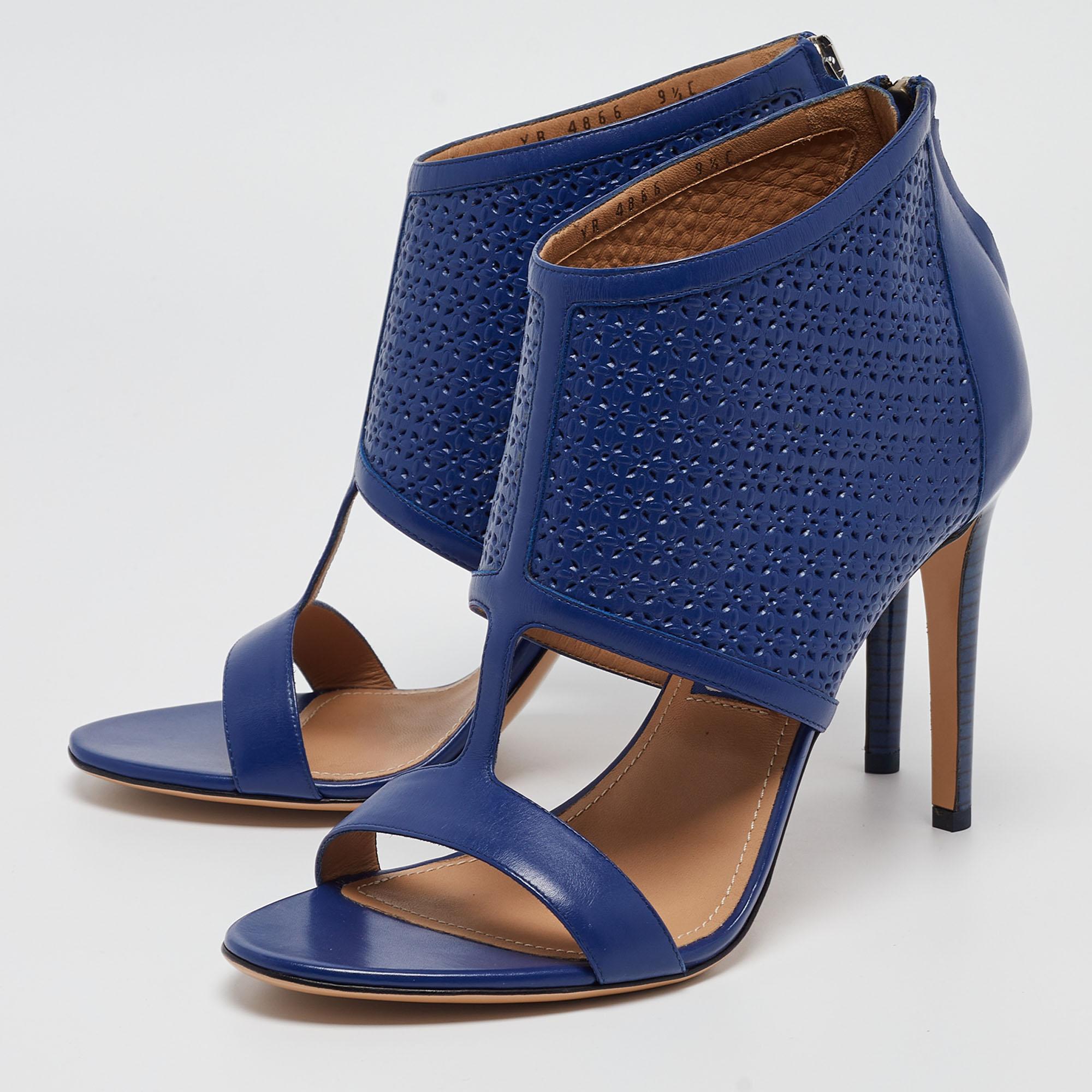 Salvatore Ferragamo Blue Perforated Leather Pacella Open-Toe Booties Size 40 For Sale 1