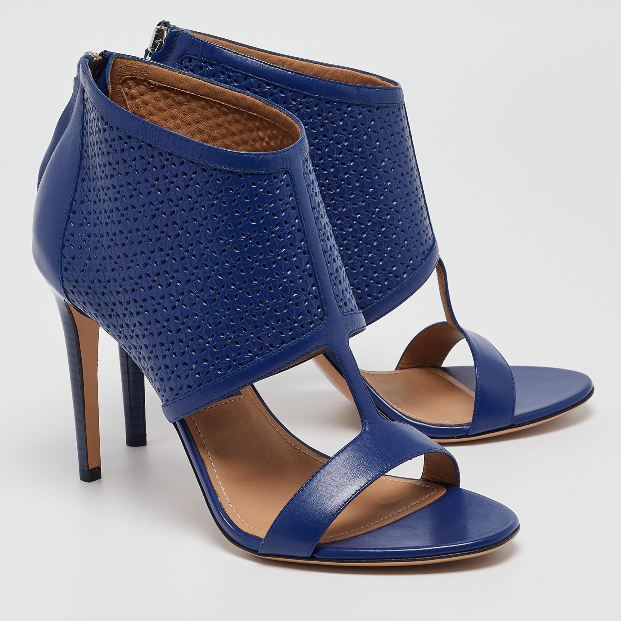 Salvatore Ferragamo Blue Perforated Leather Pacella Open-Toe Booties Size 40 For Sale 2