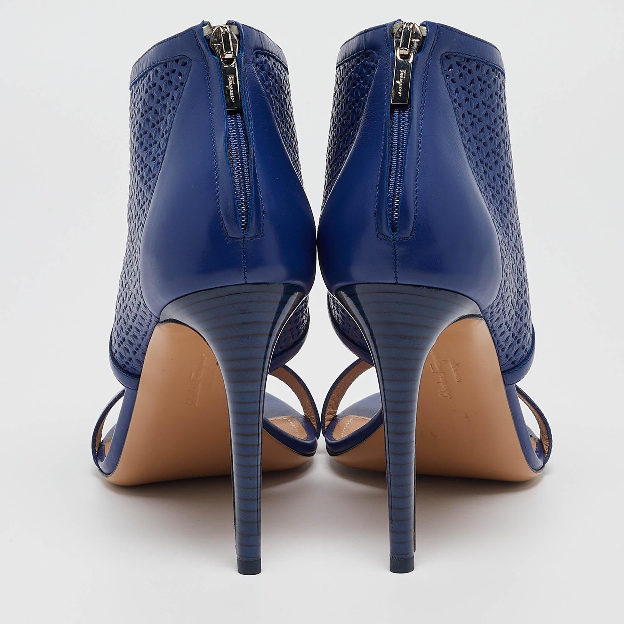 Salvatore Ferragamo Blue Perforated Leather Pacella Open-Toe Booties Size 40 For Sale 4