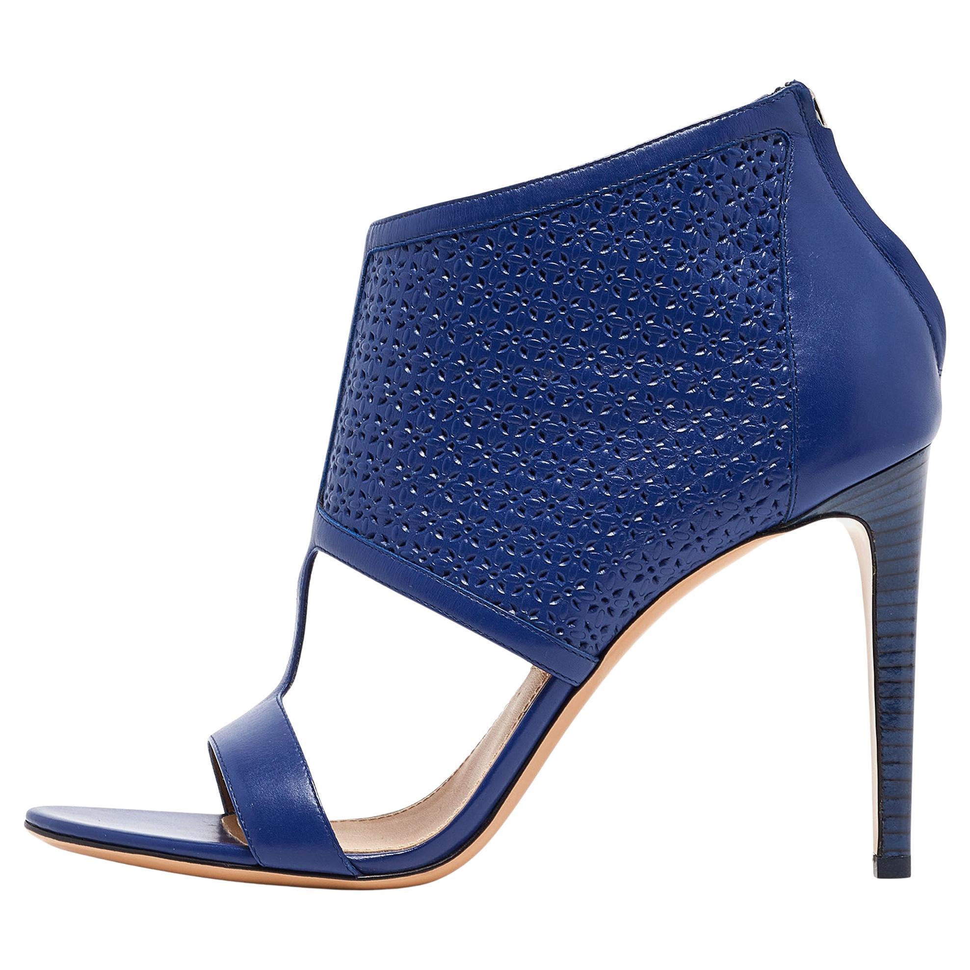 Salvatore Ferragamo Blue Perforated Leather Pacella Open-Toe Booties Size 40 For Sale