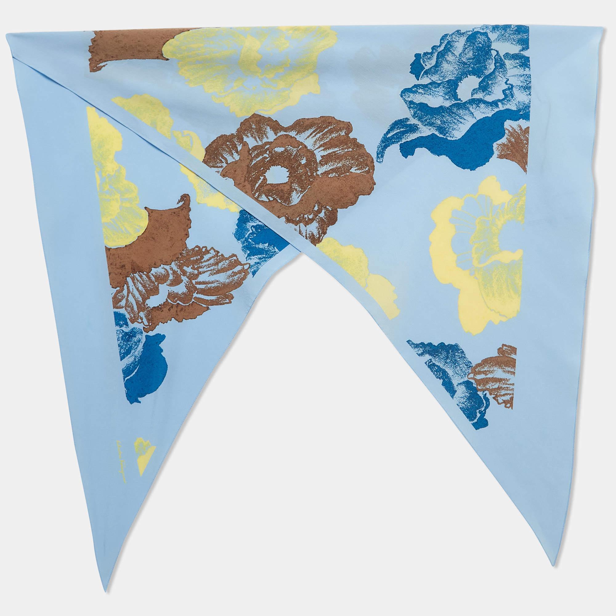 Salvatore Ferragamo Blue Poppy Print Silk Scarf 1