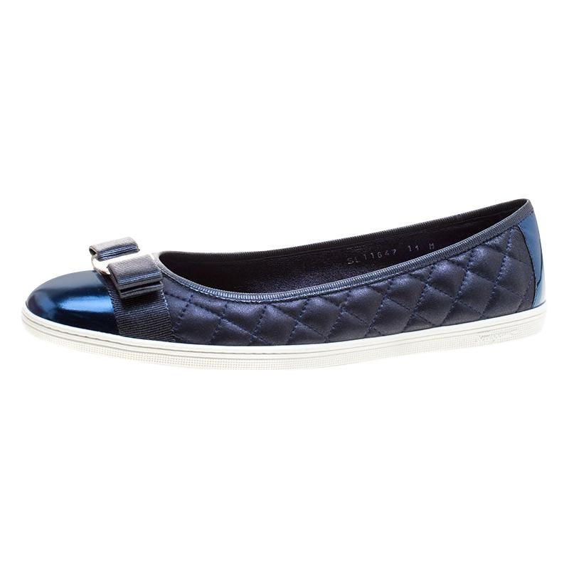 Salvatore Ferragamo Blue Quilted Leather Rufina Sneaker Ballet Flats Size 41.5 For Sale at 1stDibs