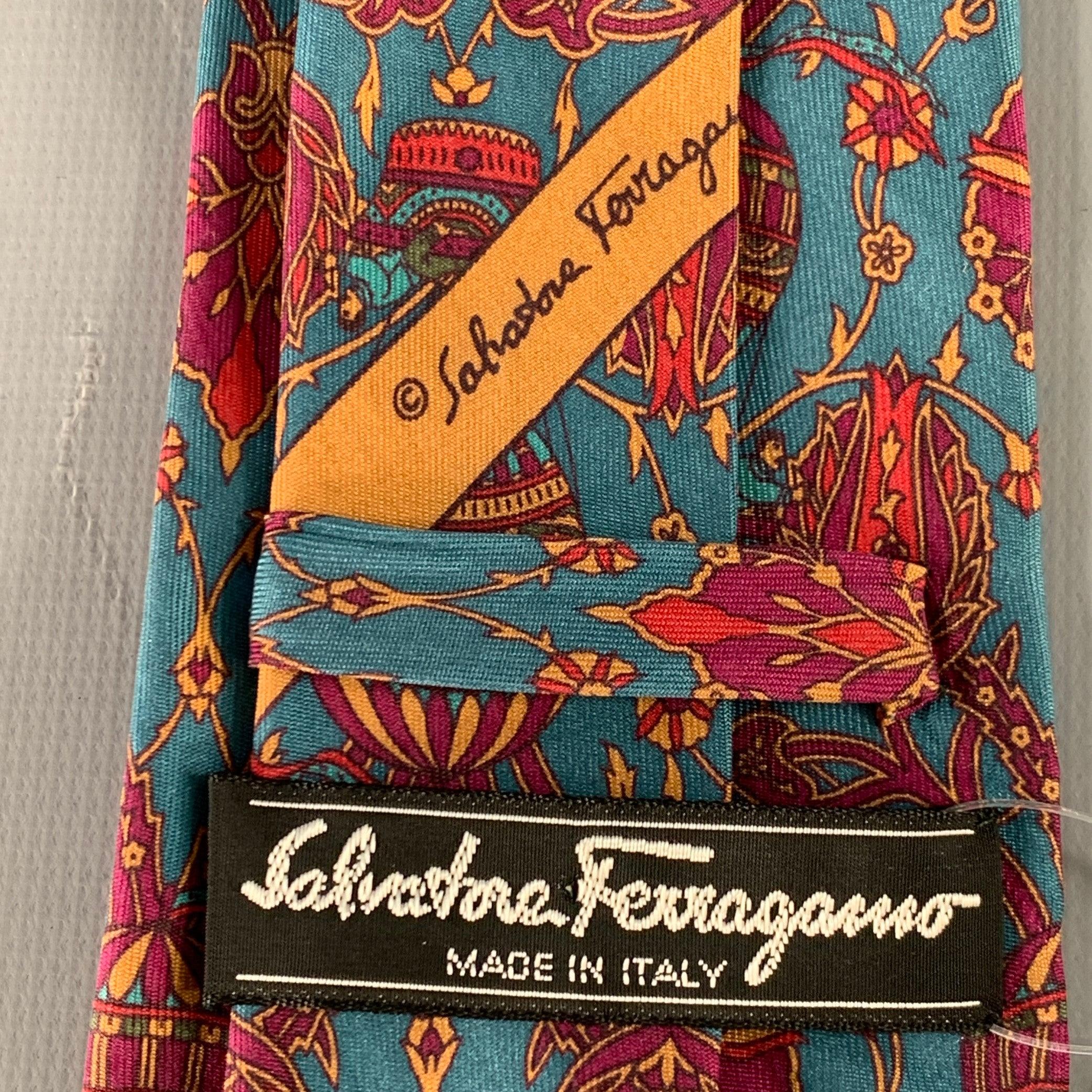 Gray SALVATORE FERRAGAMO Blue Red Hot Air Balloons Silk Tie For Sale