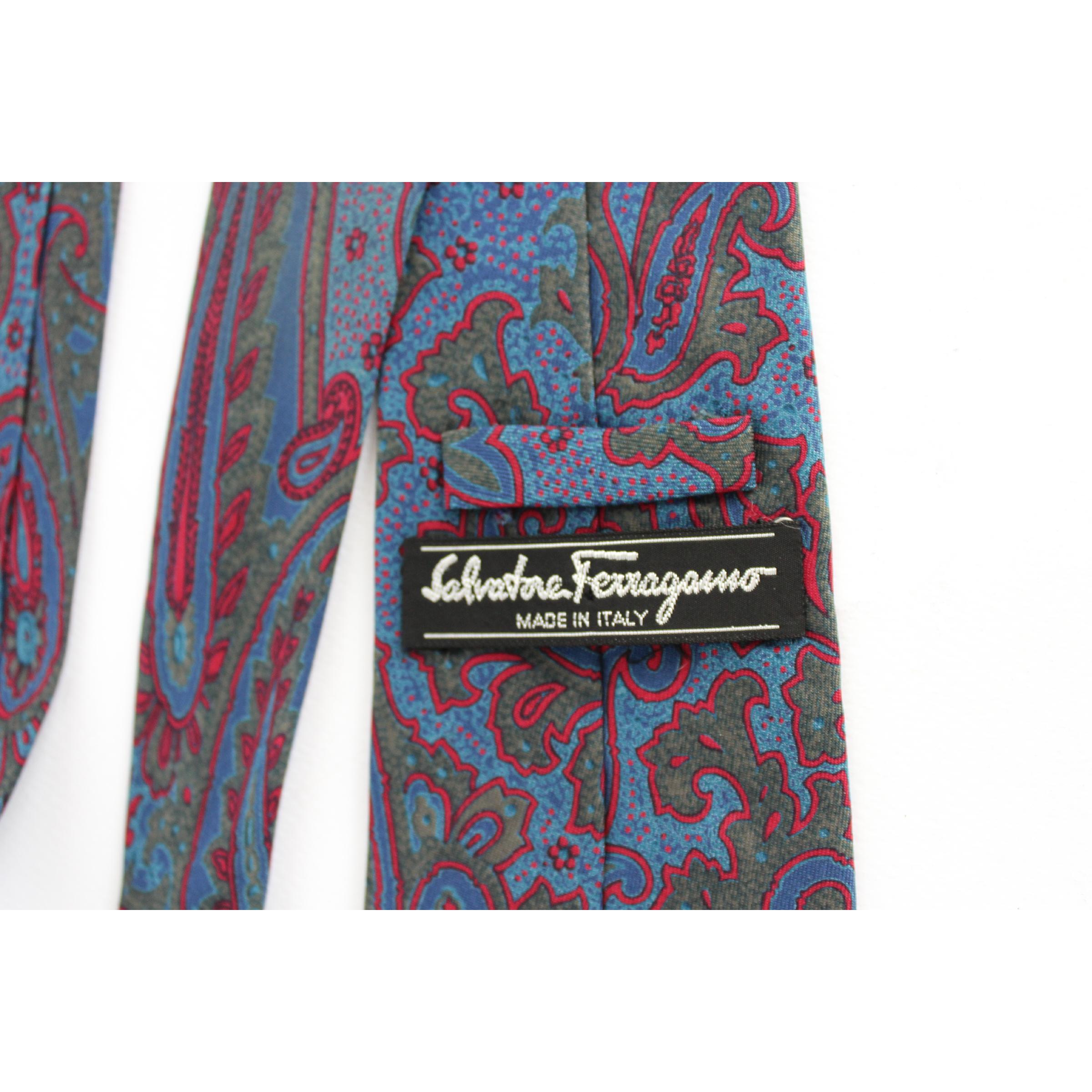 Black Salvatore Ferragamo Blue Red Silk Paisley Tie 1980s