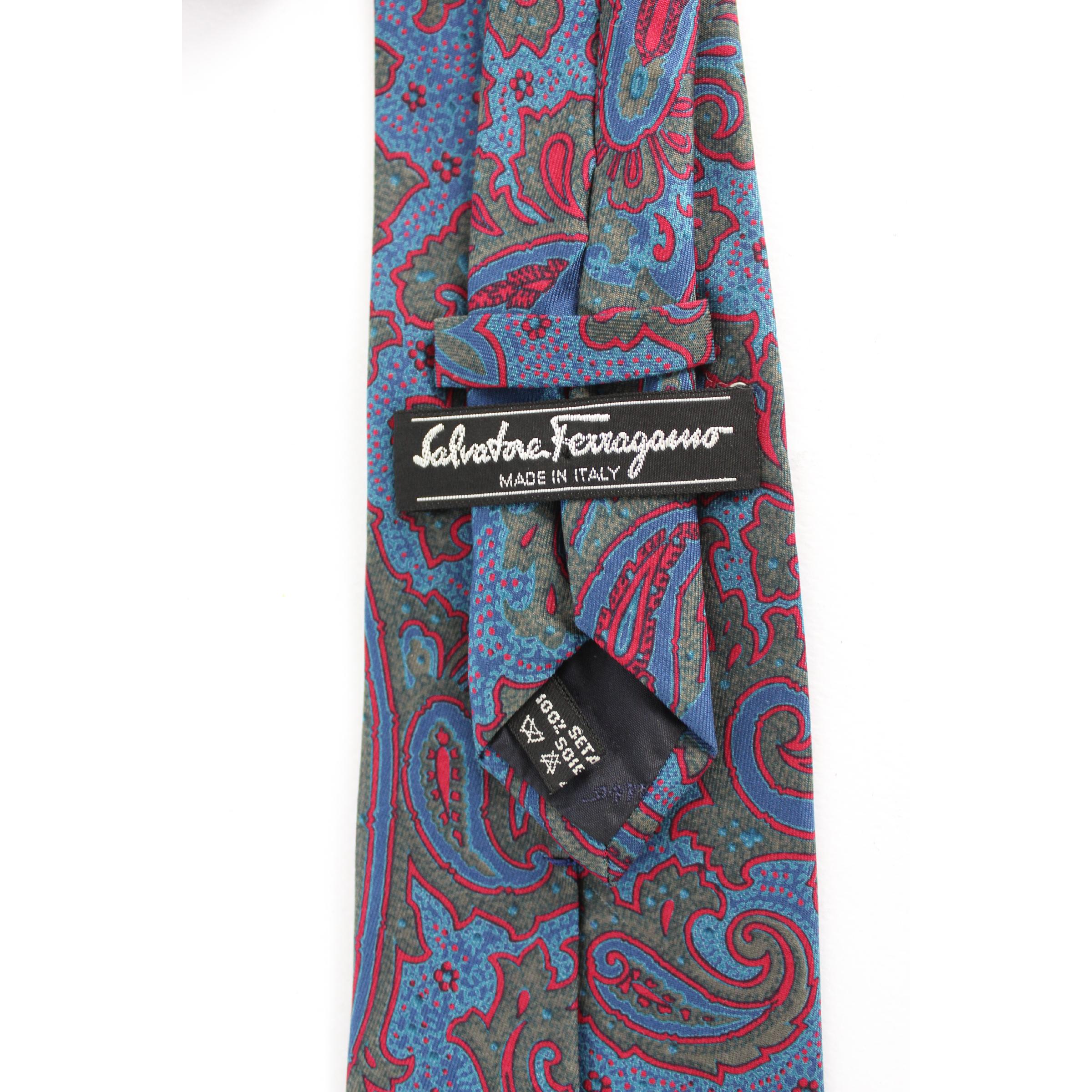 Men's Salvatore Ferragamo Blue Red Silk Paisley Tie 1980s