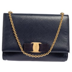 Salvatore Ferragamo Blue Saffiano Leather Vara Bow Chain Clutch
