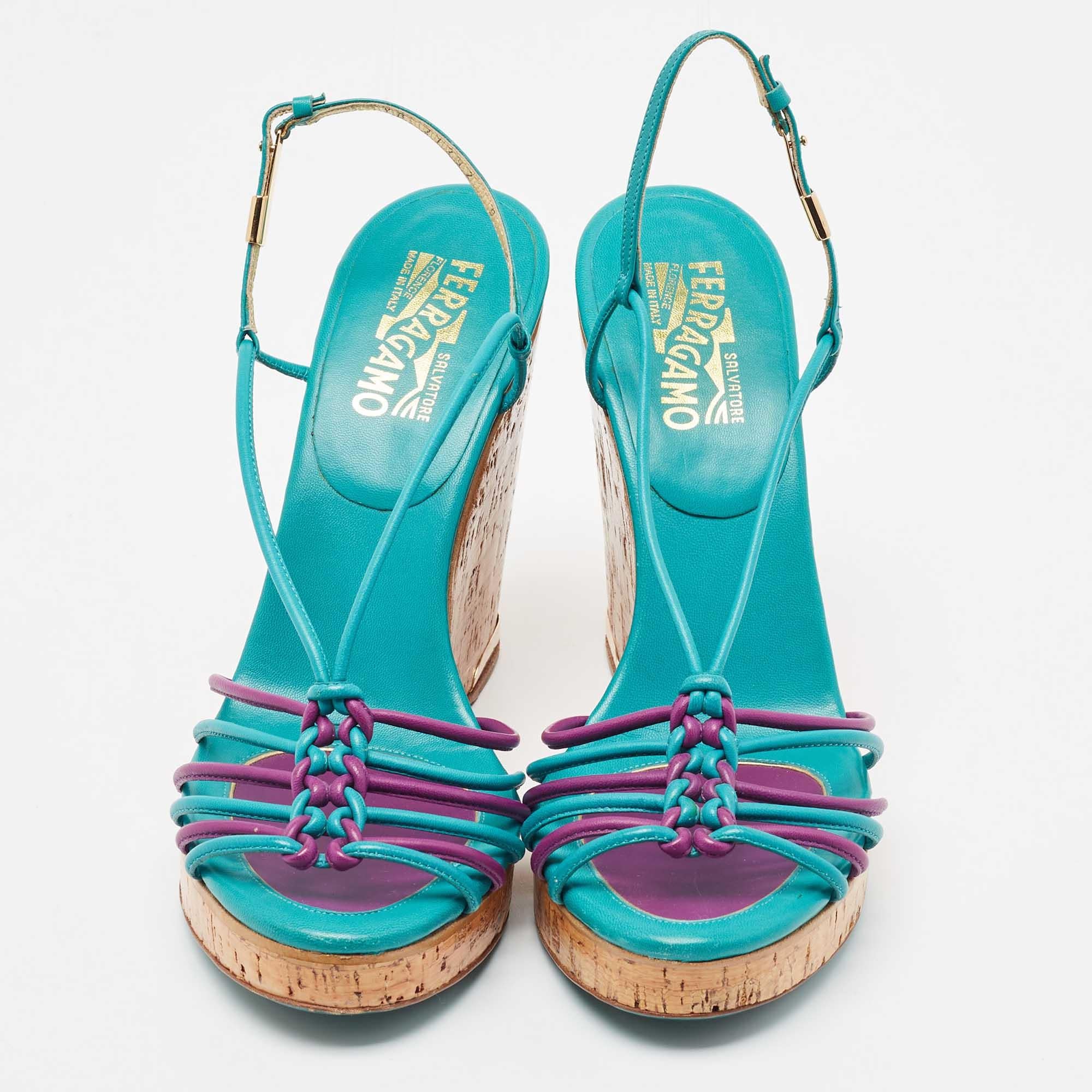 Salvatore Ferragamo Blue Strappy Slingback Cork Wedge Platform Sandals Size 39.5 In Good Condition In Dubai, Al Qouz 2