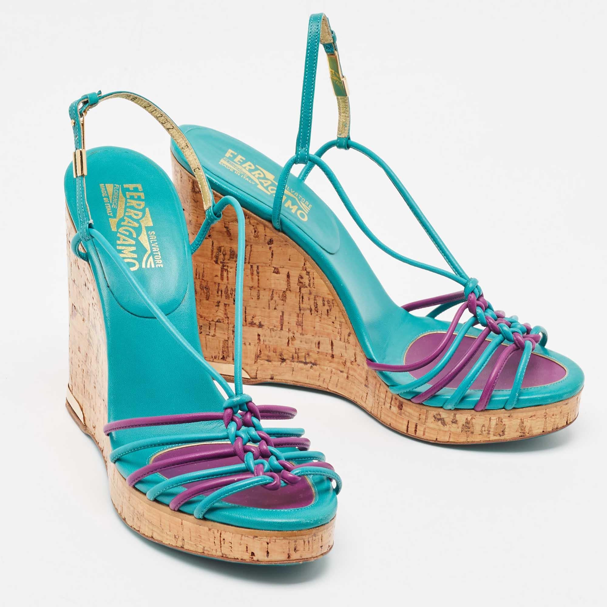 Women's Salvatore Ferragamo Blue Strappy Slingback Cork Wedge Platform Sandals Size 39.5