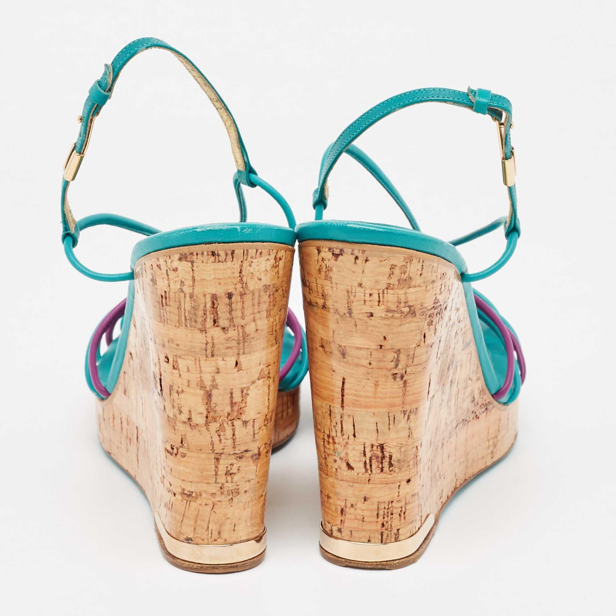 Salvatore Ferragamo Blue Strappy Slingback Cork Wedge Platform Sandals Size 39.5 1