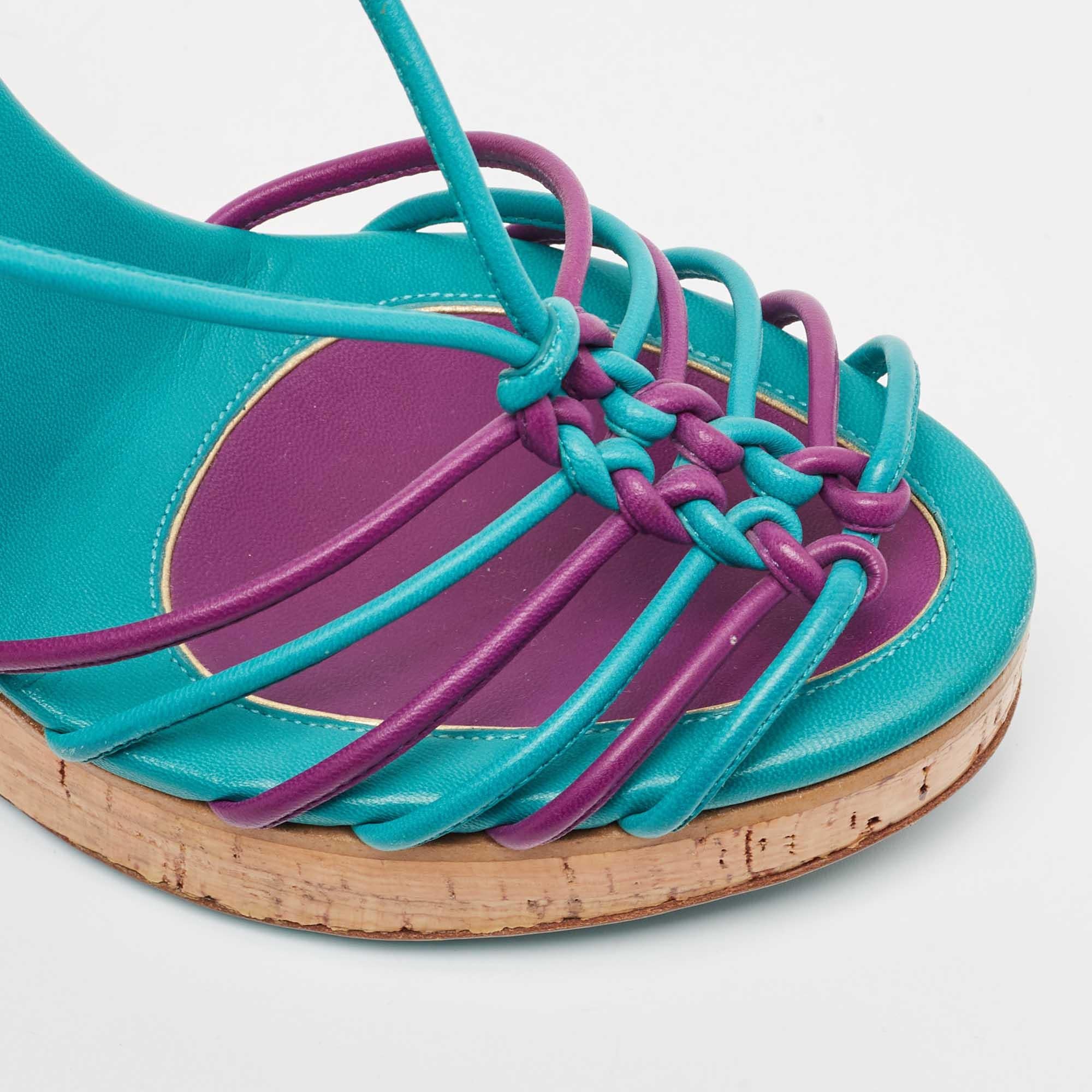 Salvatore Ferragamo Blue Strappy Slingback Cork Wedge Platform Sandals Size 39.5 3