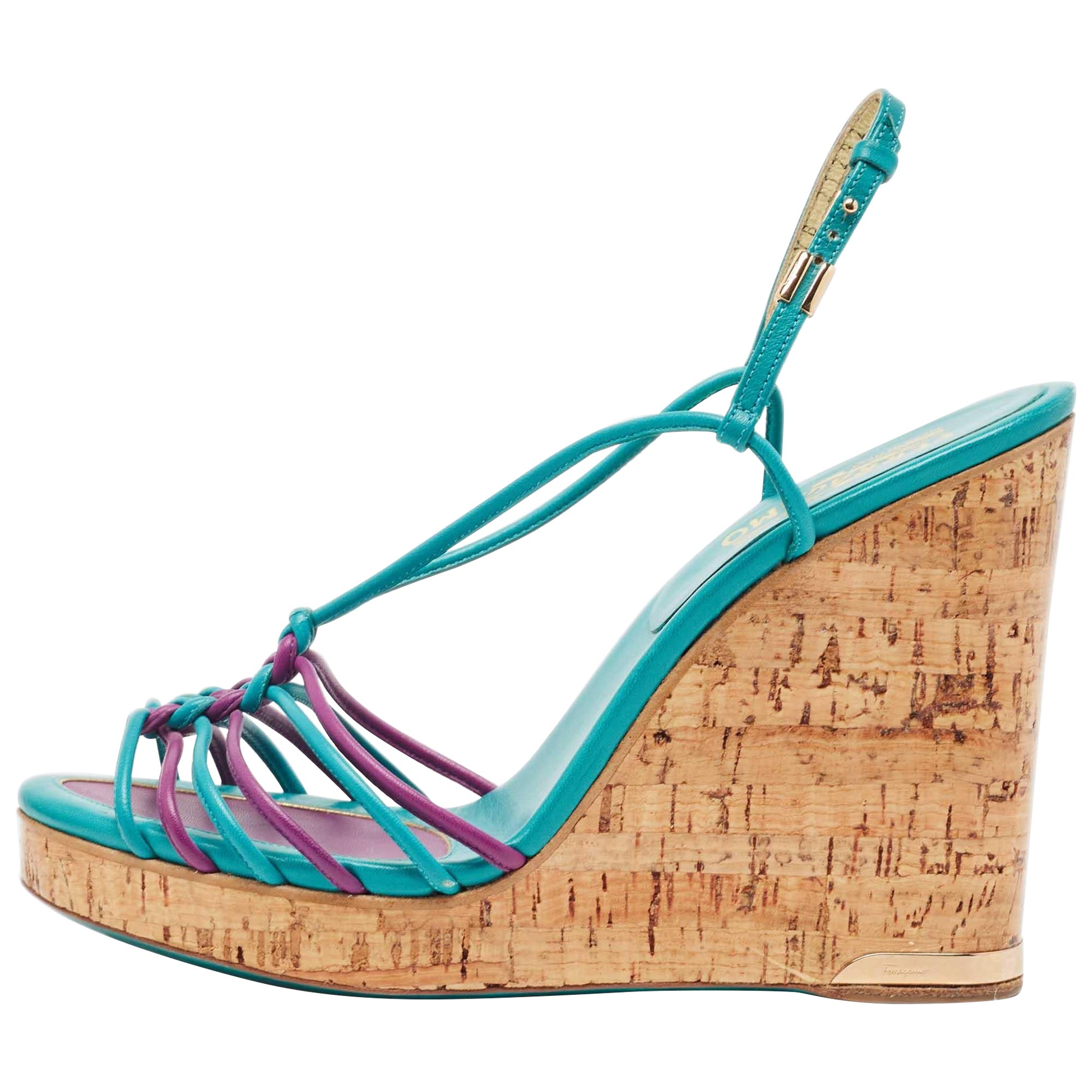 Salvatore Ferragamo Blue Strappy Slingback Cork Wedge Platform Sandals Size 39.5