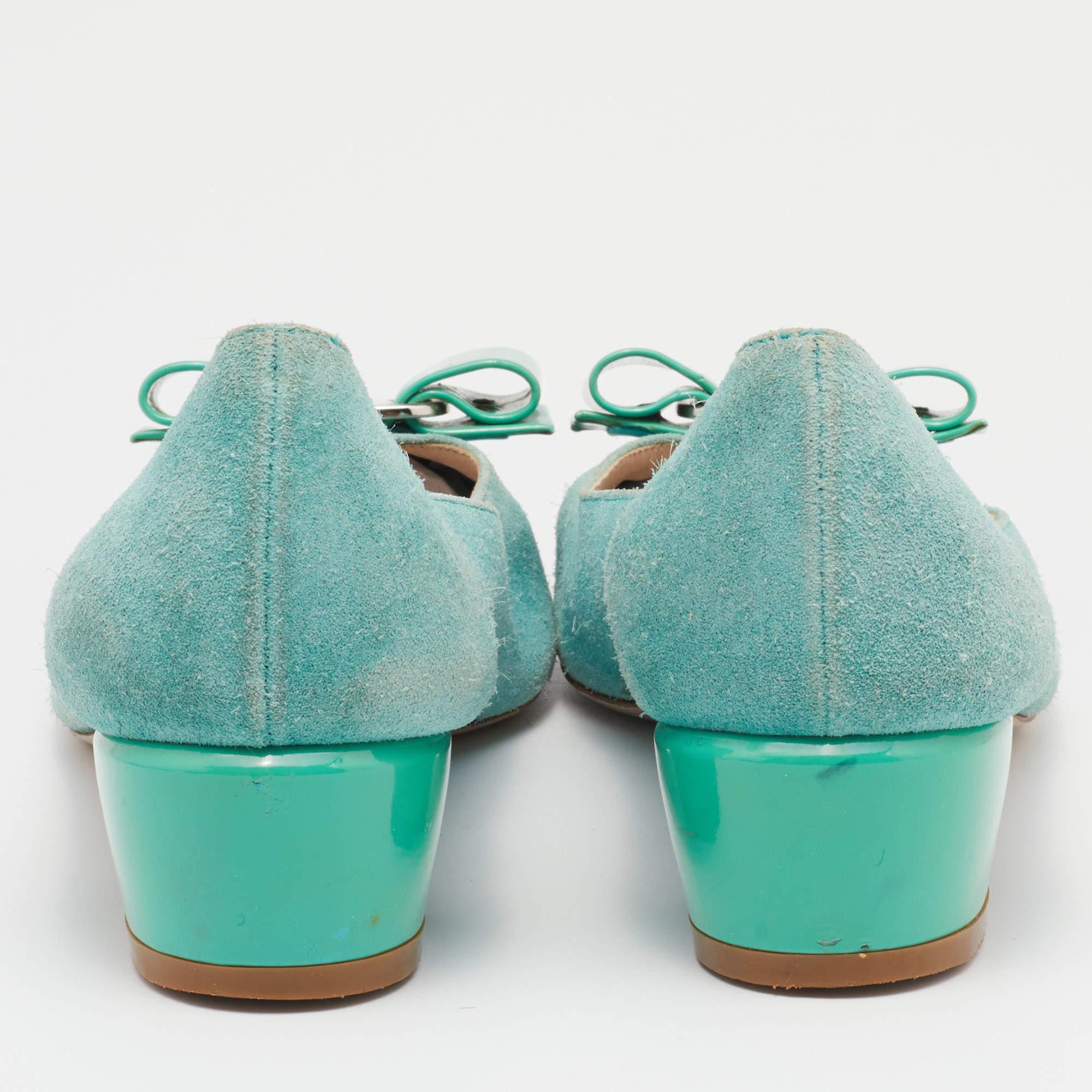 Salvatore Ferragamo Blue Suede and Patent Bow Varina Ballet Flats Size 37.5 For Sale 1