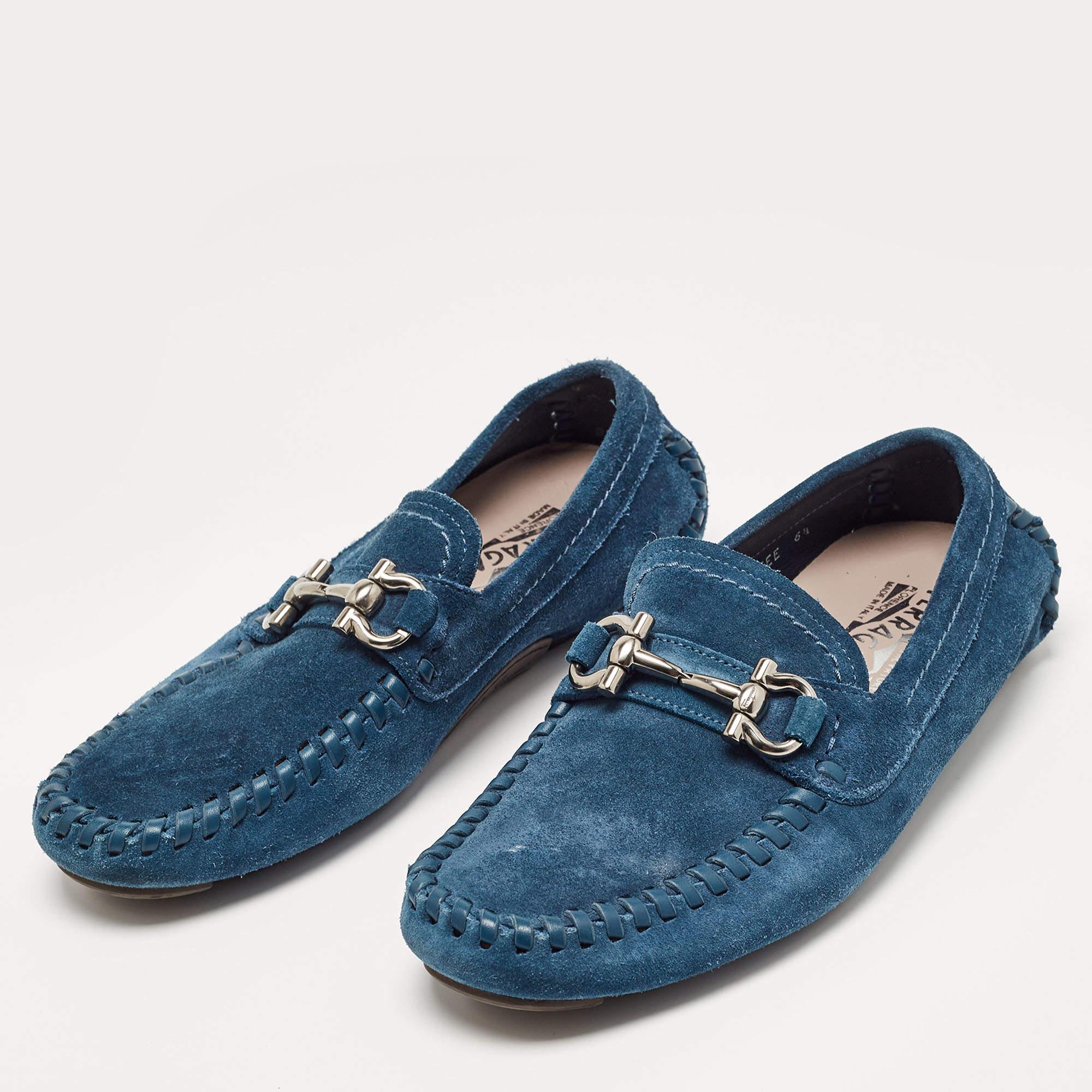 Salvatore Ferragamo Blue Suede Gancini Loafers Size 40.5 For Sale 3