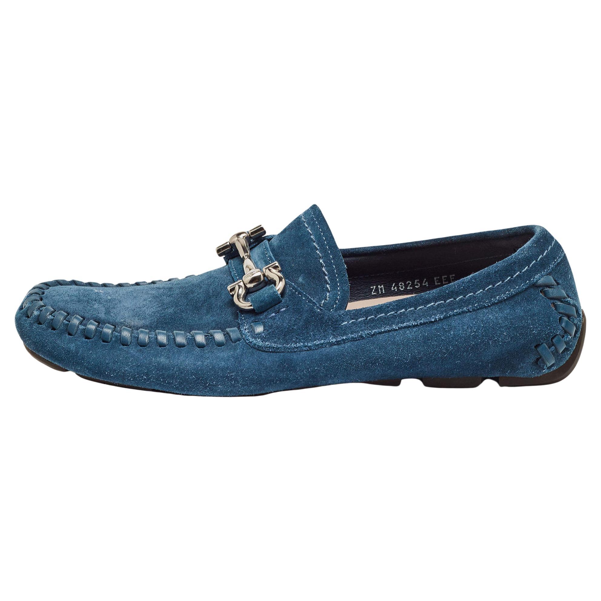 Salvatore Ferragamo Blue Suede Gancini Loafers Size 40.5 For Sale