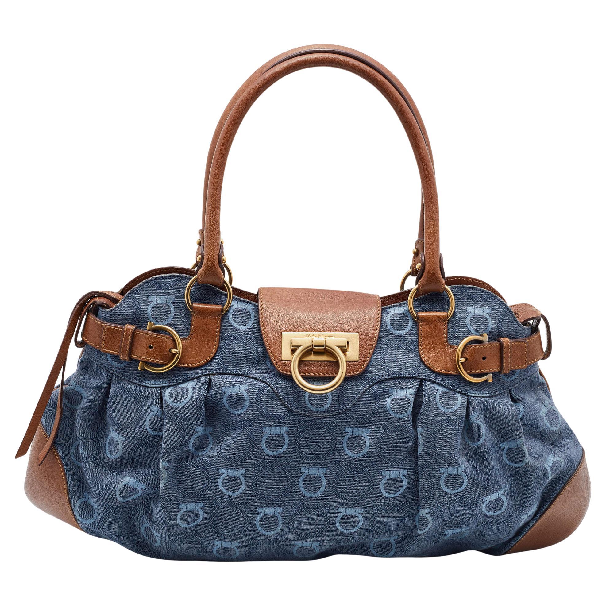 Salvatore Ferragamo - Sacoche Marisa signature en toile et cuir bleu/brun clair