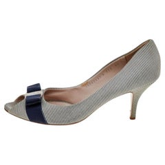 Salvatore Ferragamo Blue/White Canvas Vara Bow Peep Toe Pumps Size 39