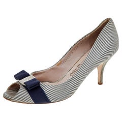 Salvatore Ferragamo Blue/White Canvas Vara Bow Peep Toe Pumps Size 39