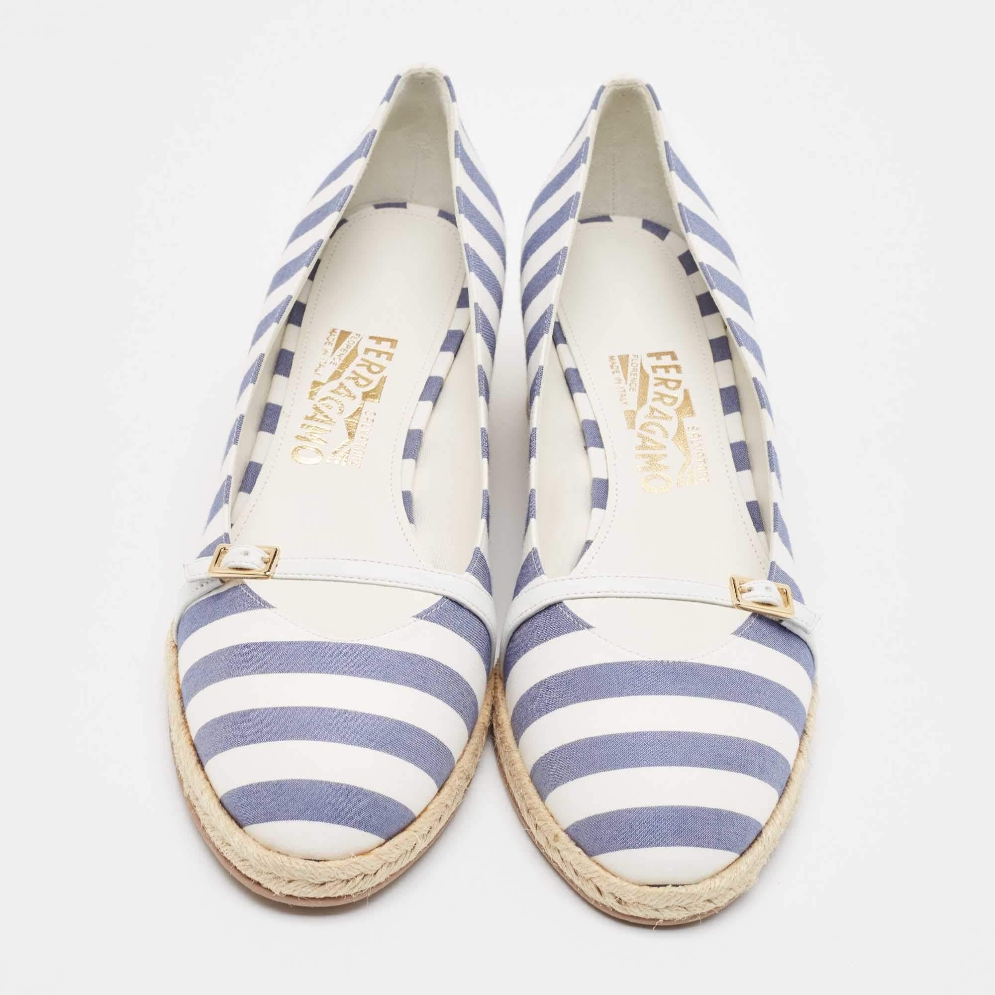 Gray Salvatore Ferragamo Blue/White Striped Audrey Wedge Espadrille Pumps Size 40 For Sale
