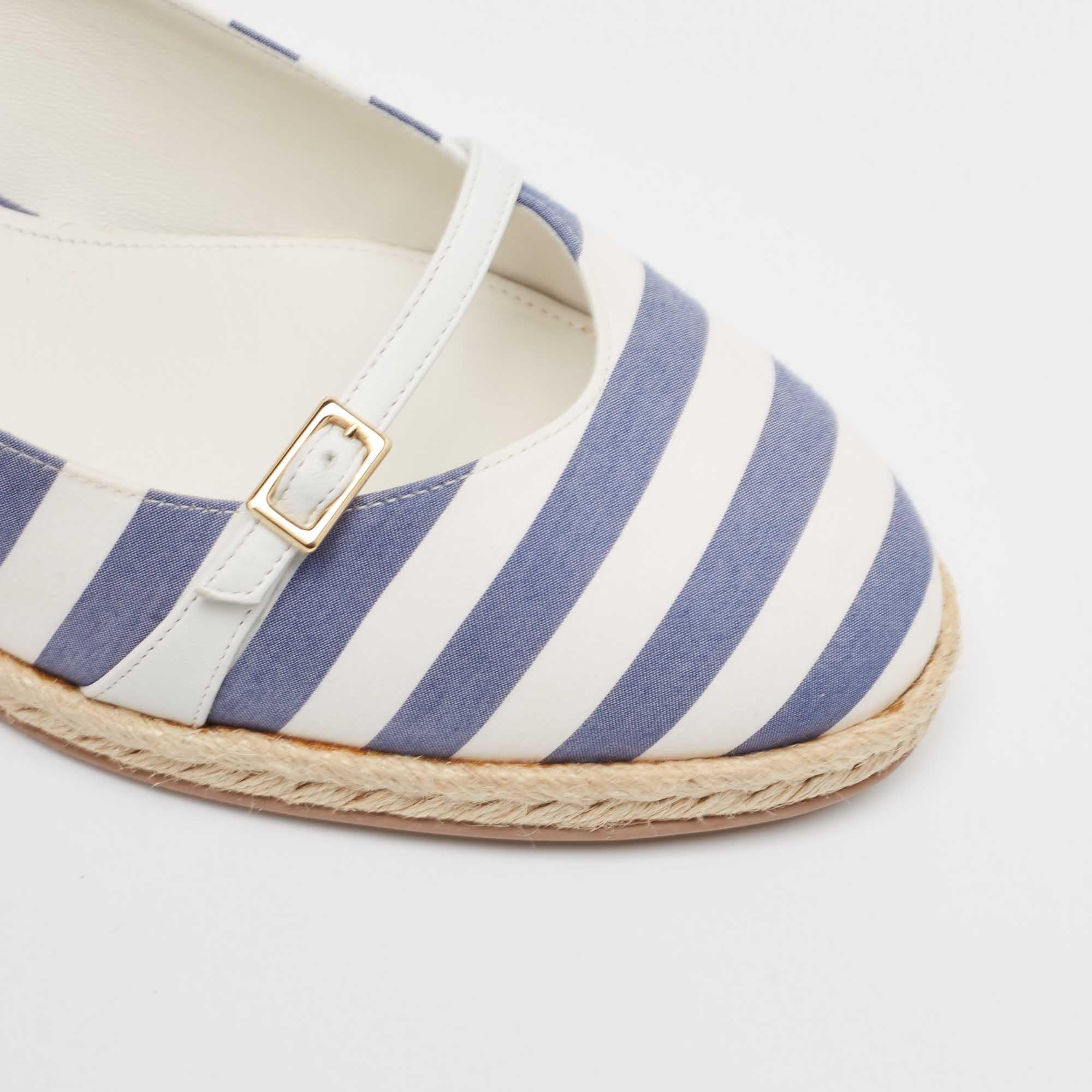 Salvatore Ferragamo Blue/White Striped Audrey Wedge Espadrille Pumps Size 40 For Sale 3
