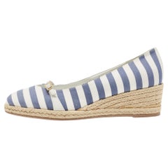 Salvatore Ferragamo Blue/White Striped Audrey Wedge Espadrille Pumps Size 40.5