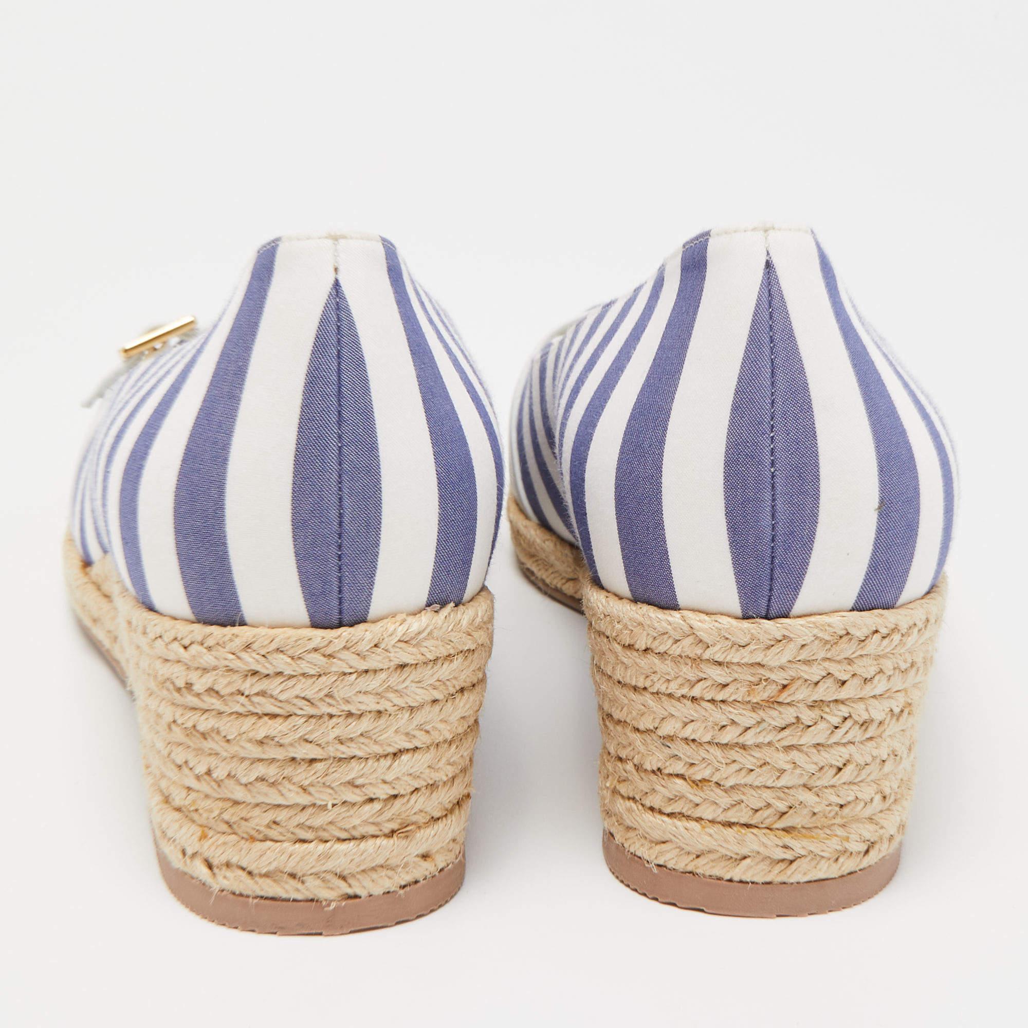 Salvatore Ferragamo Blue/White Striped Fabric Audrey Espadrille Wedge Pumps Size 2