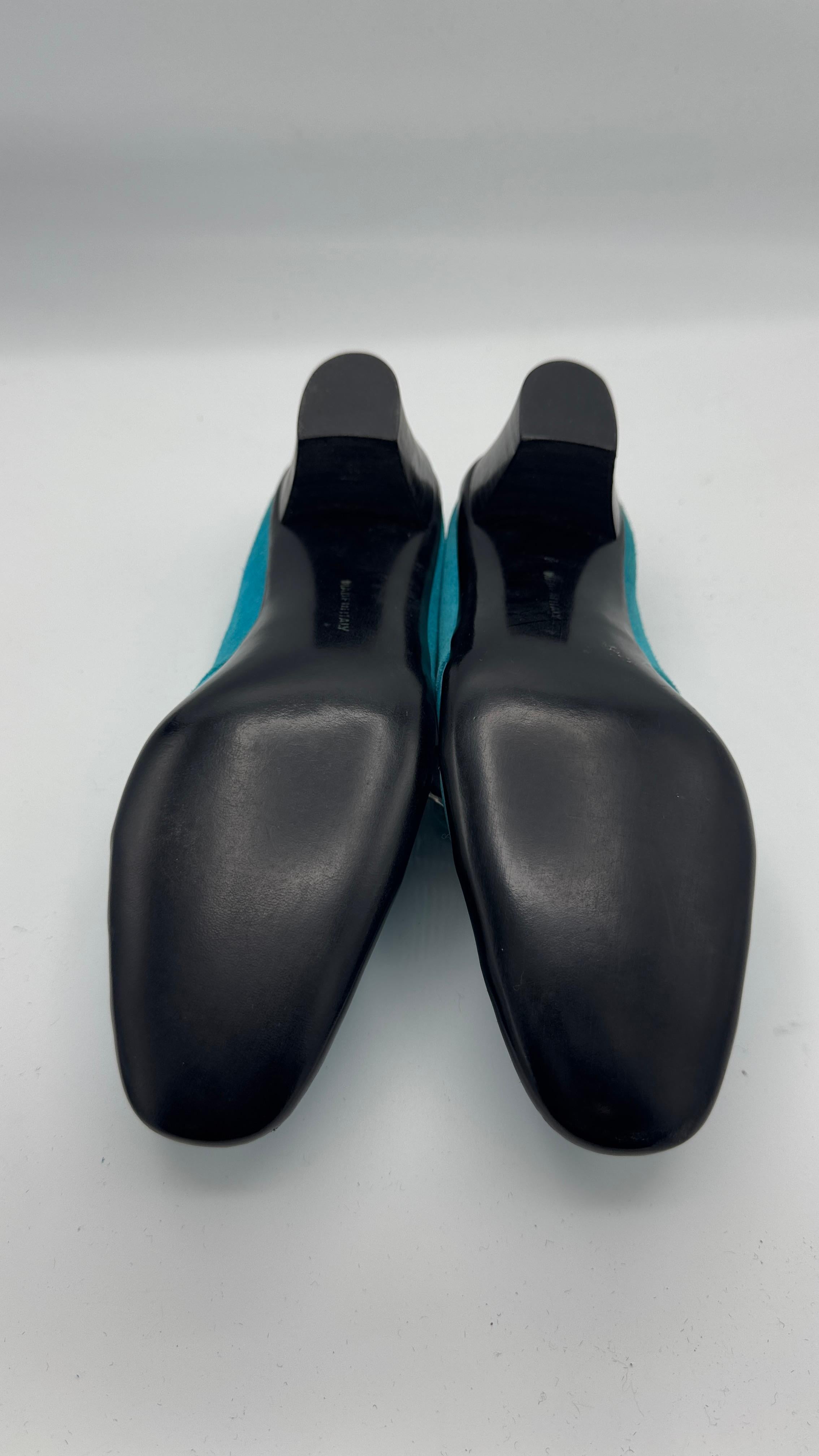 Salvatore Ferragamo Boutique Blue Suede Mary Janes with Original Box For Sale 6