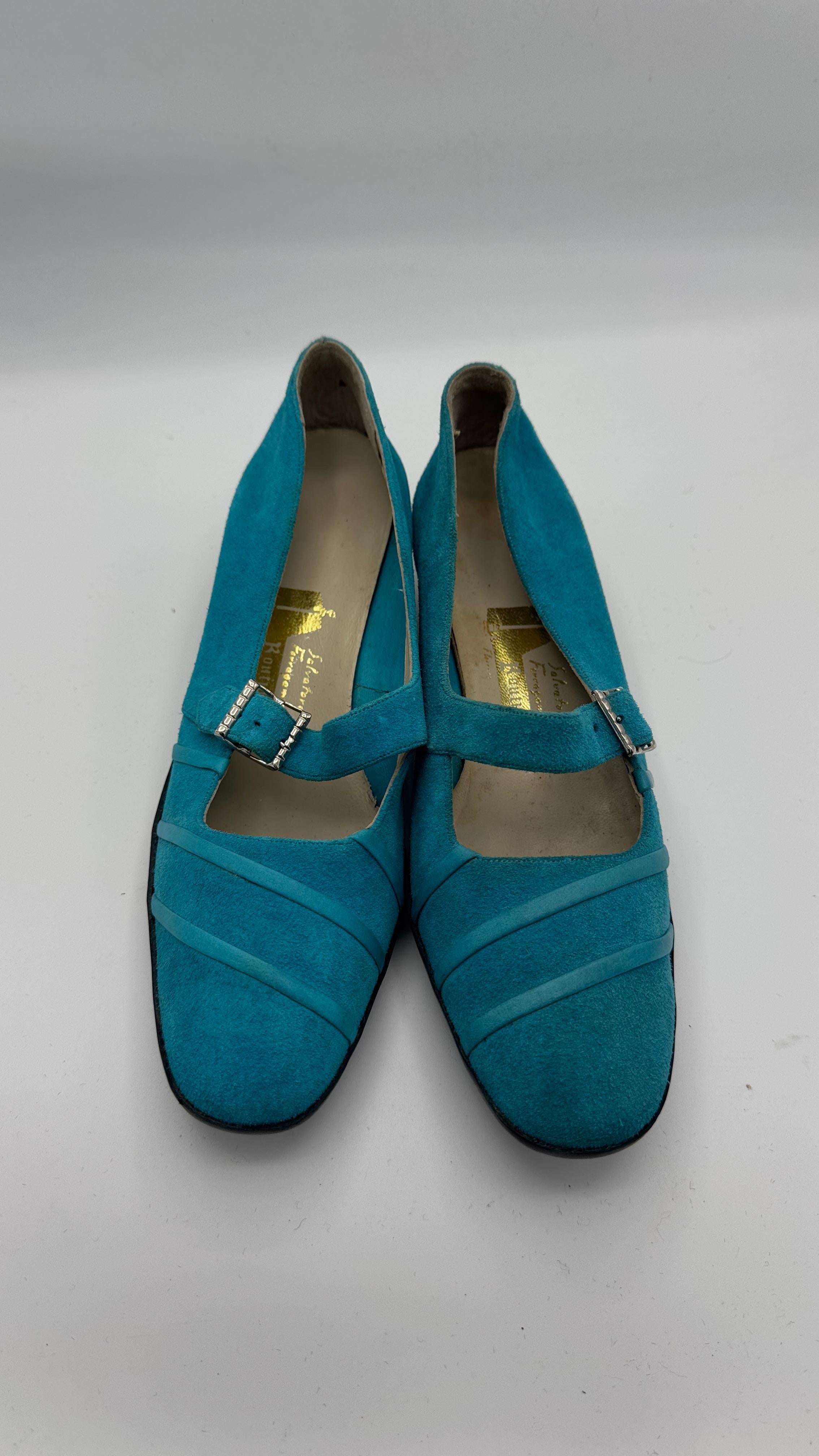 Women's Salvatore Ferragamo Boutique Blue Suede Mary Janes with Original Box For Sale