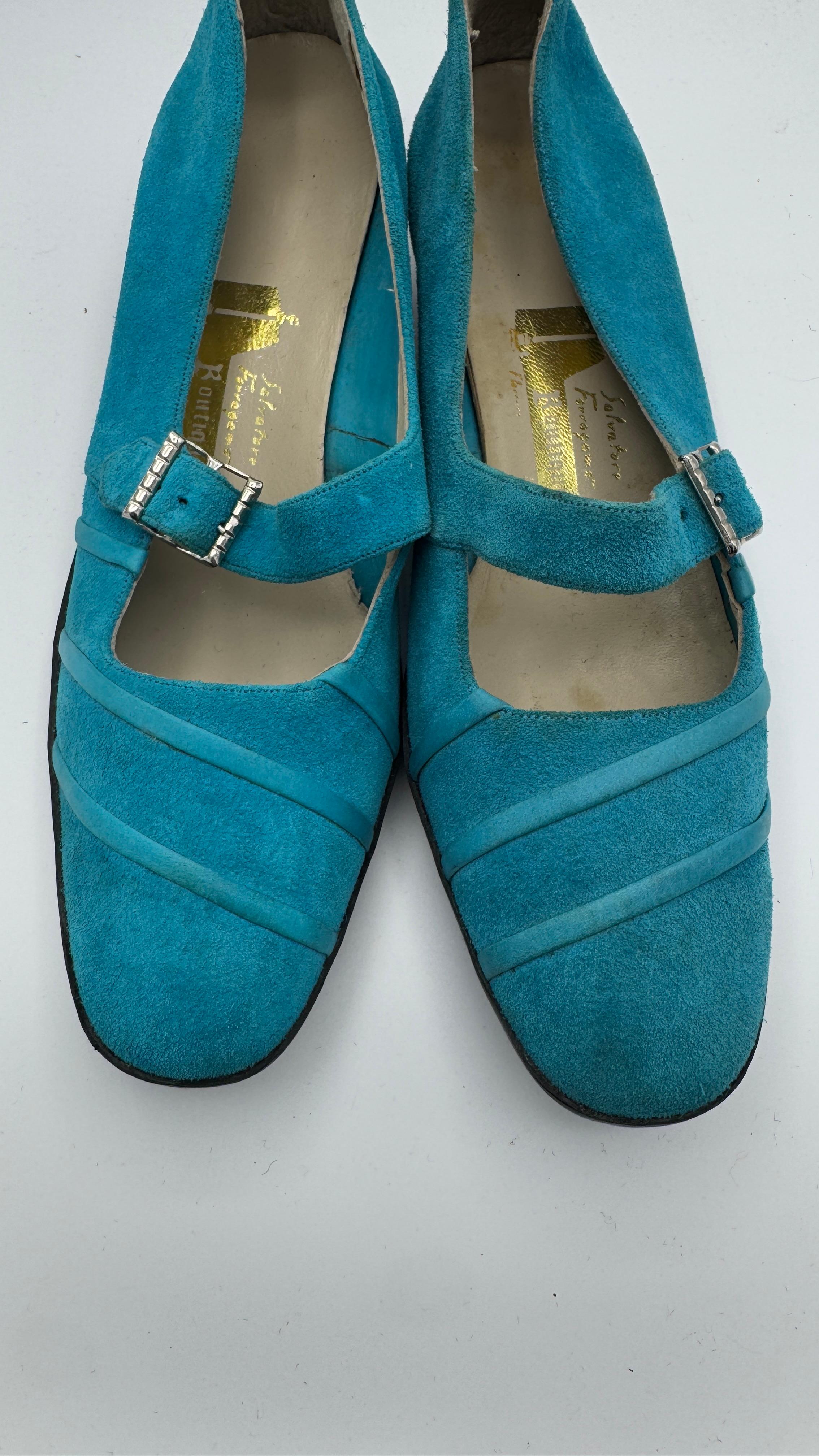 Salvatore Ferragamo Boutique Blue Suede Mary Janes with Original Box For Sale 1