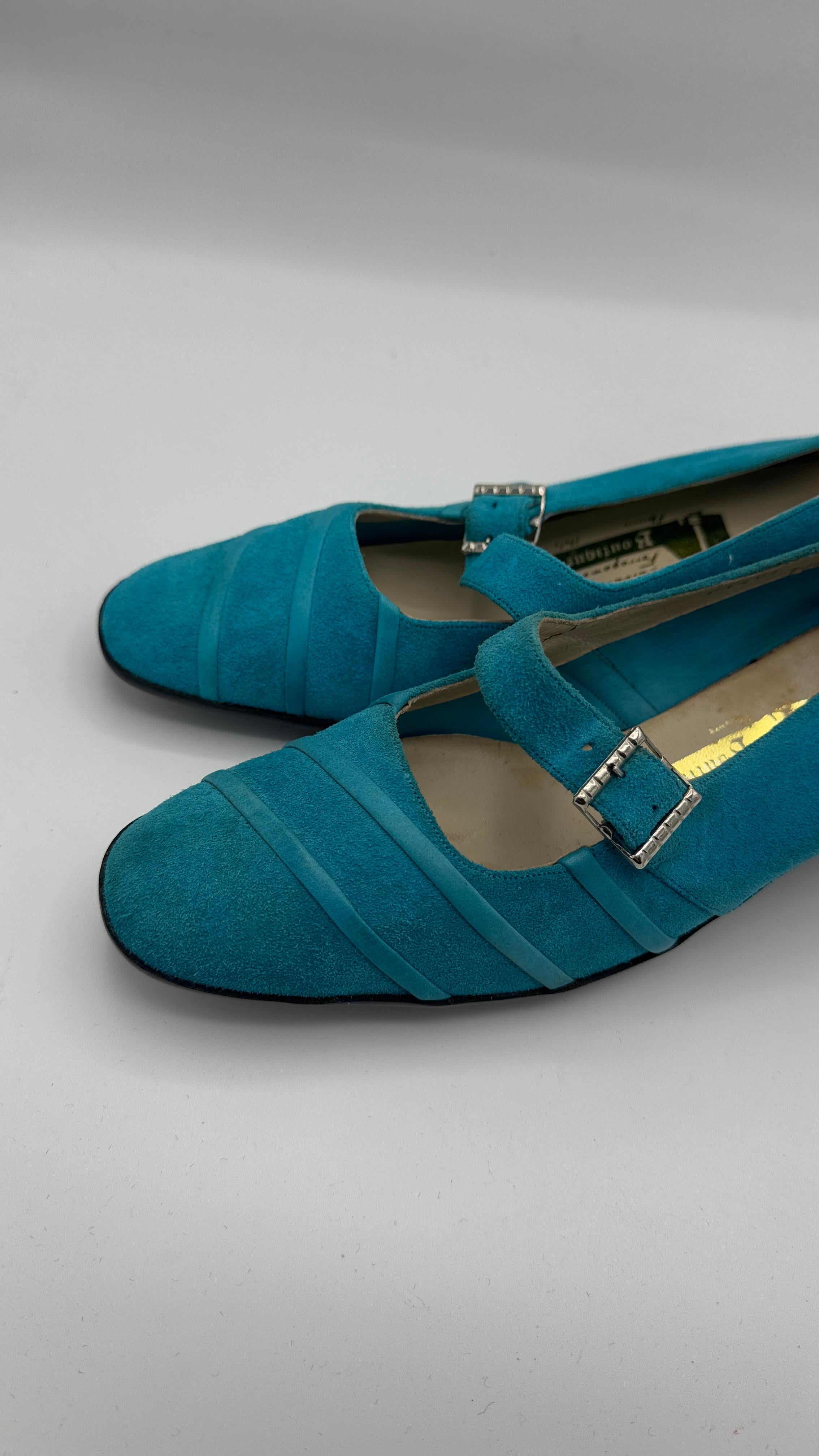 Salvatore Ferragamo Boutique Blue Suede Mary Janes with Original Box For Sale 3