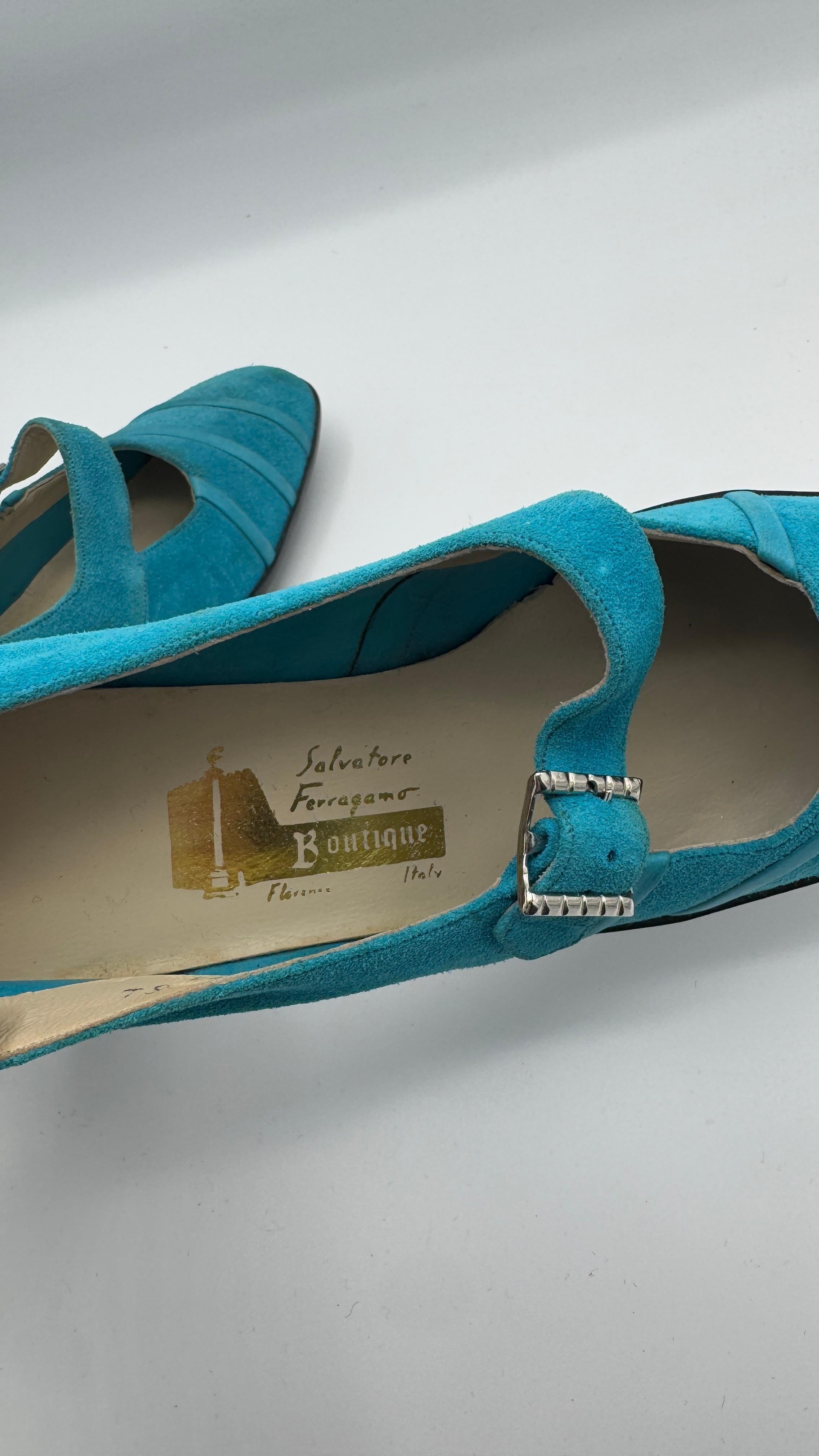 Salvatore Ferragamo Boutique Blue Suede Mary Janes with Original Box For Sale 5