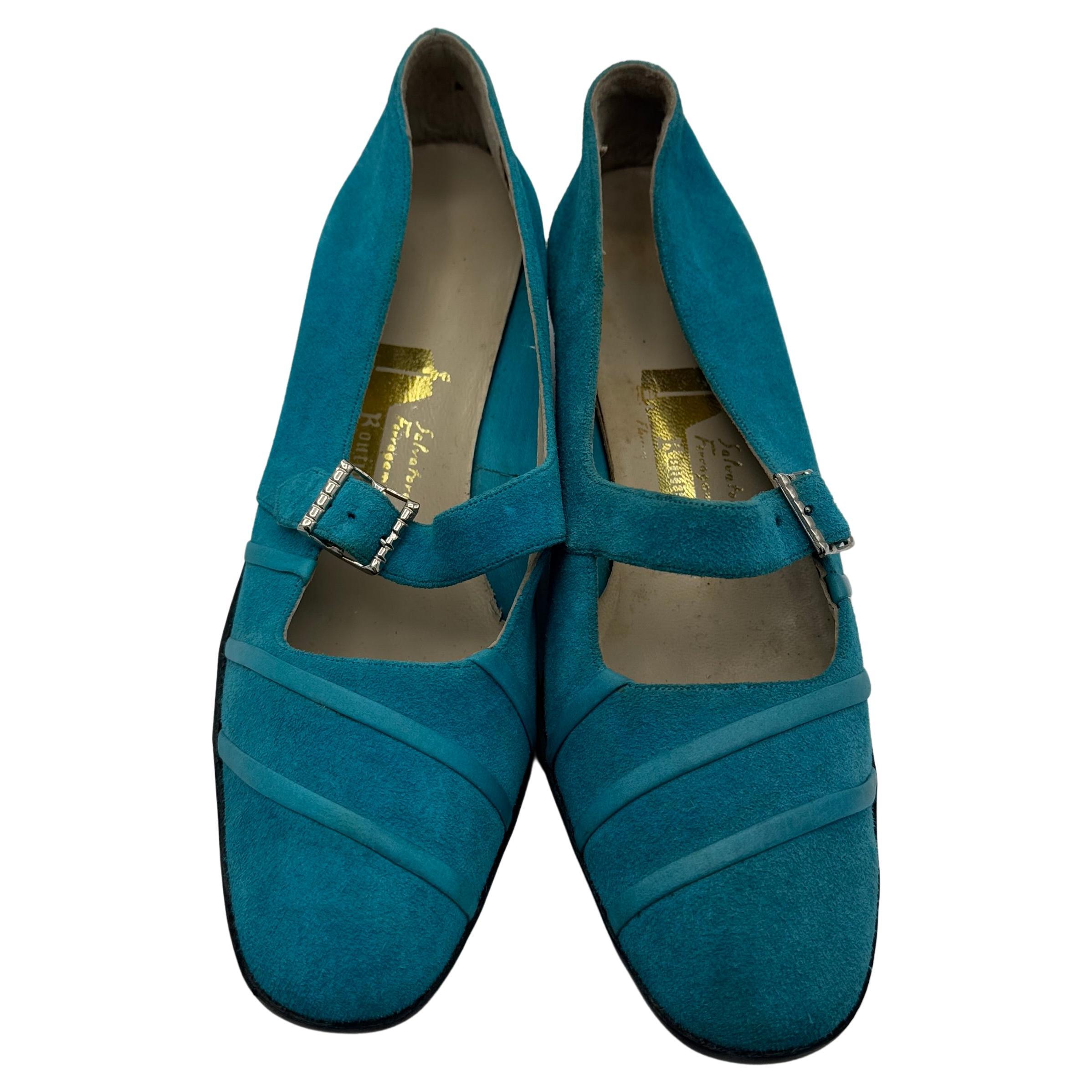 Salvatore Ferragamo Boutique Blue Suede Mary Janes with Original Box
