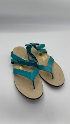 Salvatore Ferragamo Boutique Turquoise Leather Flat Sandals with Bows