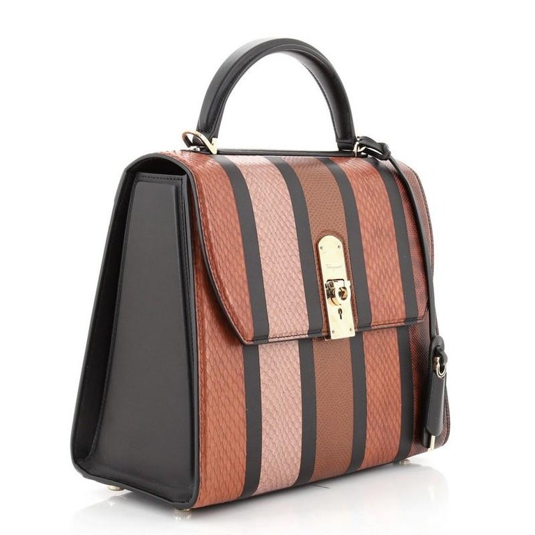 Salvatore Ferragamo Boxyz Top Handle Bag Striped Snakeskin and Leather