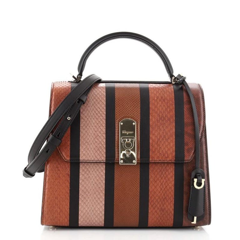 Salvatore Ferragamo Boxyz Top Handle Bag Striped Snakeskin and Leather