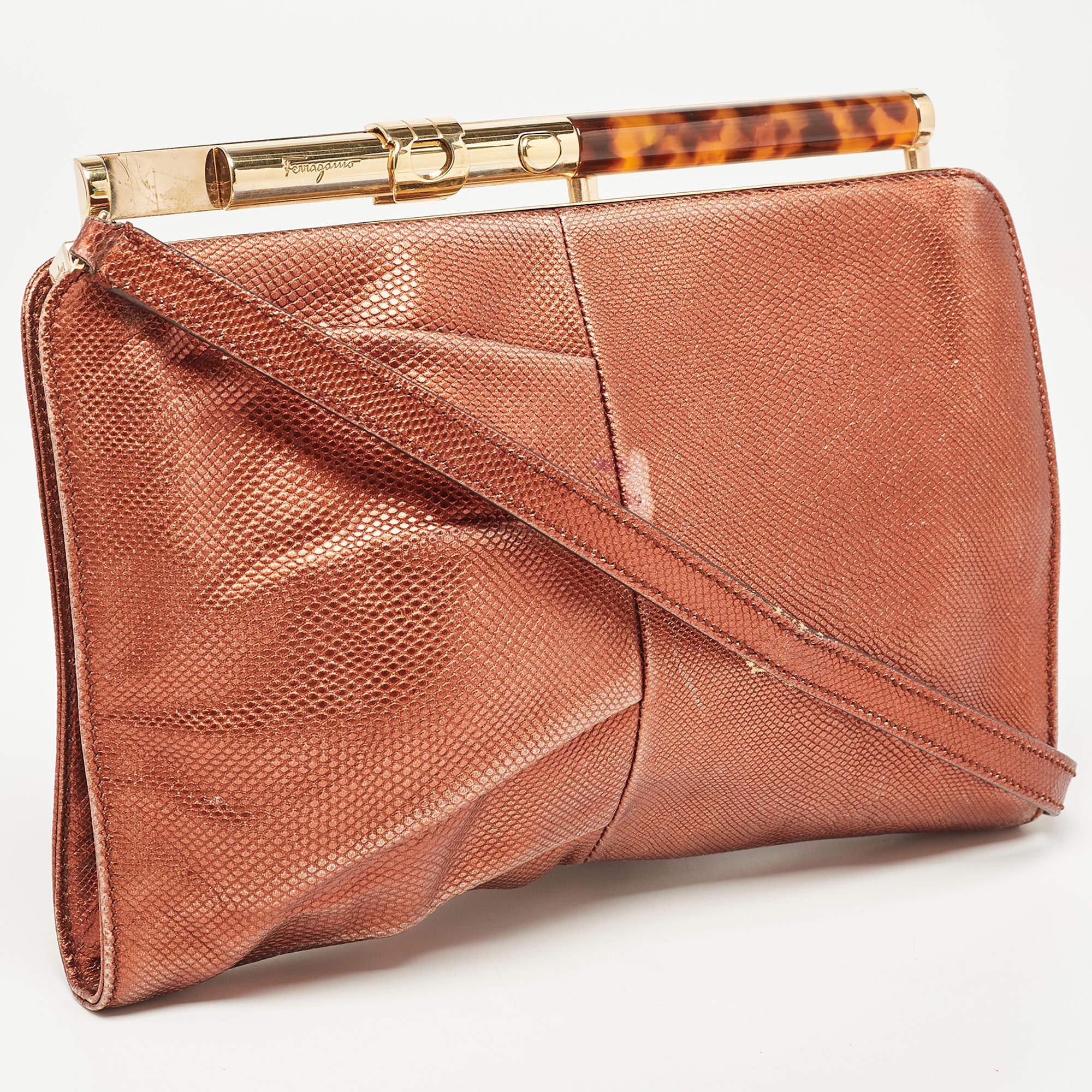 Salvatore Ferragamo Bronze Karung Leather Frame Clutch Bag In Excellent Condition In Dubai, Al Qouz 2