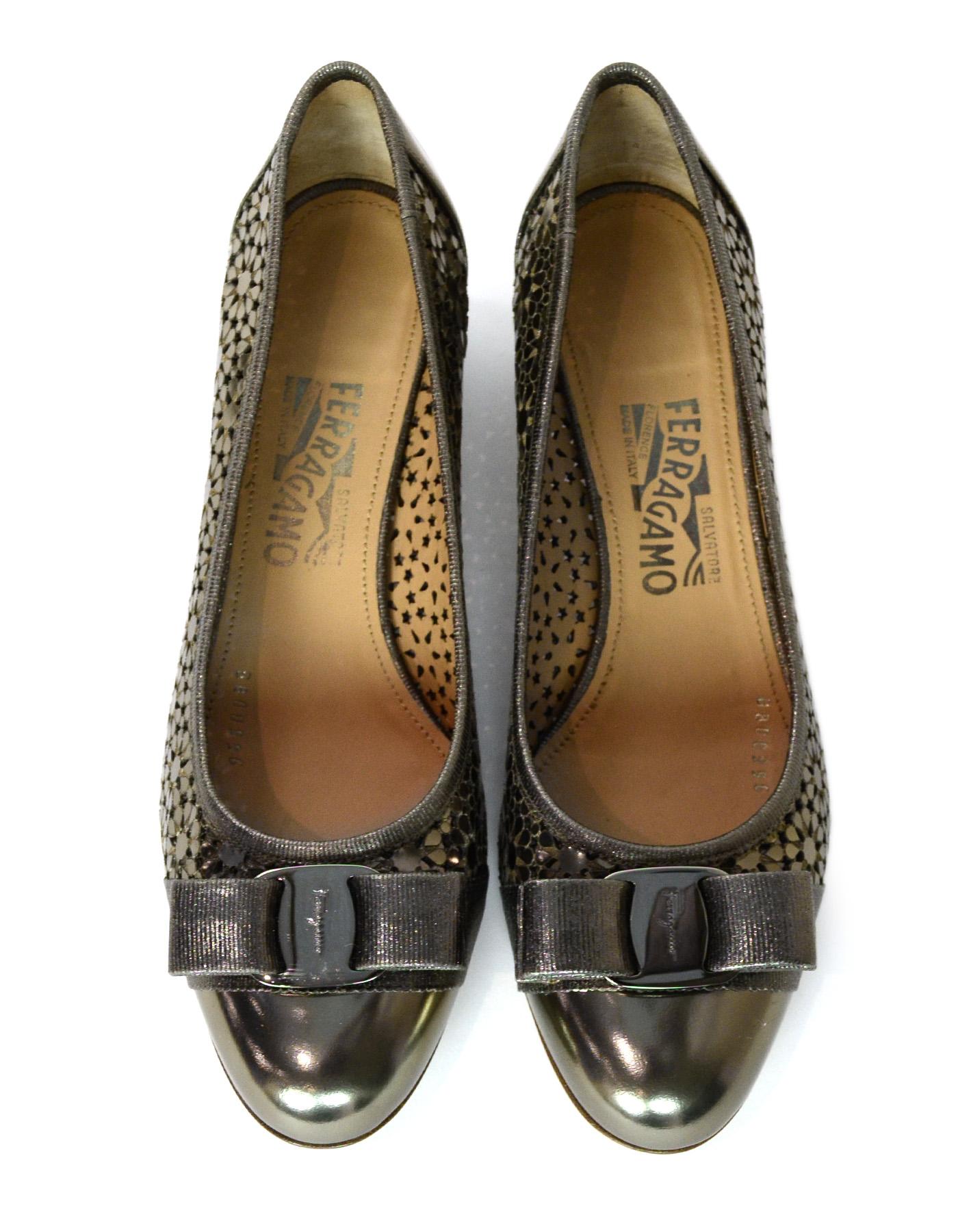 Women's Salvatore Ferragamo Bronze Leather Laser Cut Out Side Cap Toe Shoes W/ Bow Sz 9C
