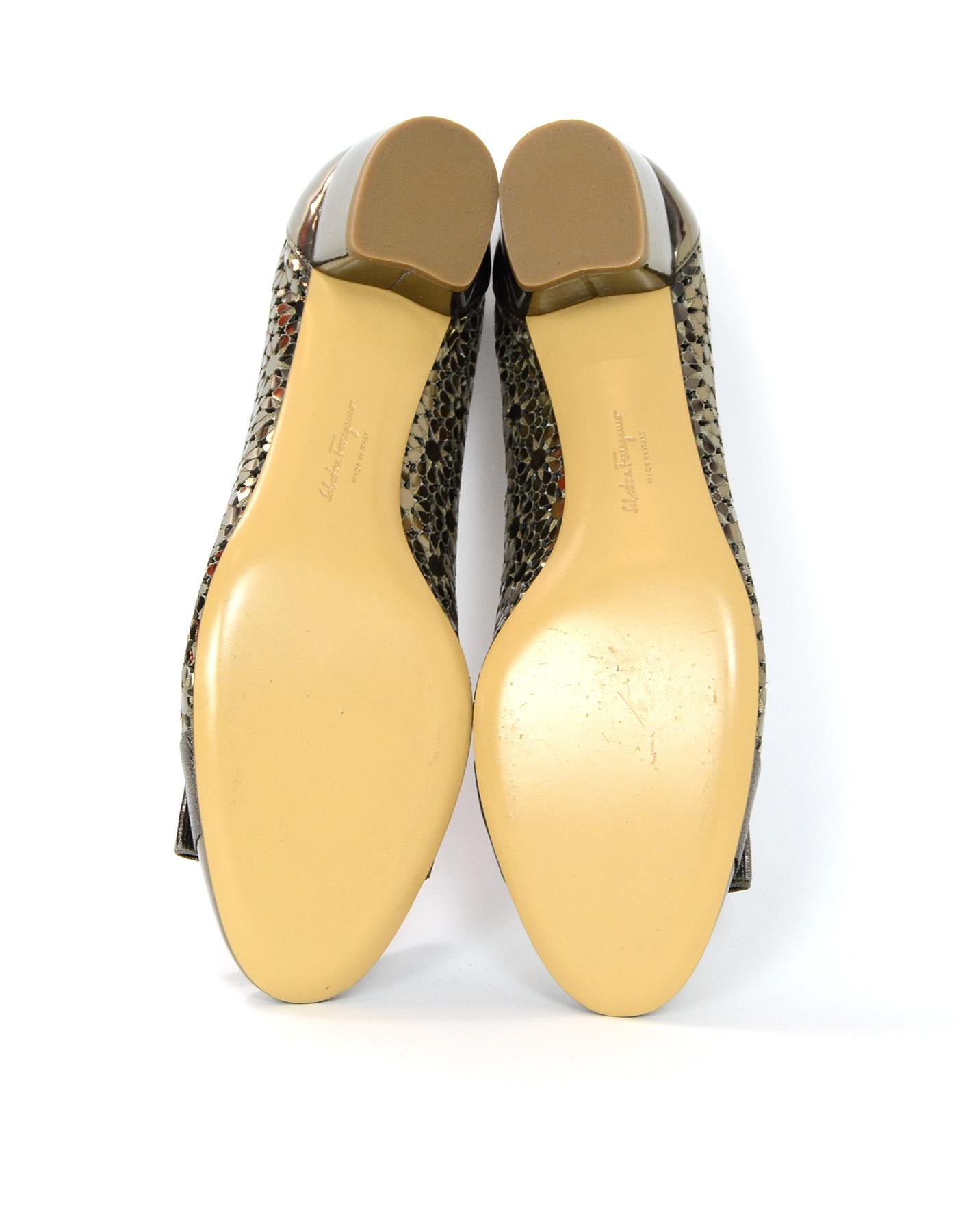 Salvatore Ferragamo Bronze Leather Laser Cut Out Side Cap Toe Shoes W/ Bow Sz 9C 1