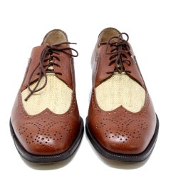 Salvatore Ferragamo Brown 2-Material Burlap Wingtip Leather Oxford Lace Up Shoes