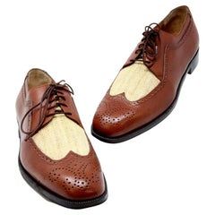 Salvatore Ferragamo Brown 2-Material Burlap Wingtip Leather Oxford Lace Up Shoes