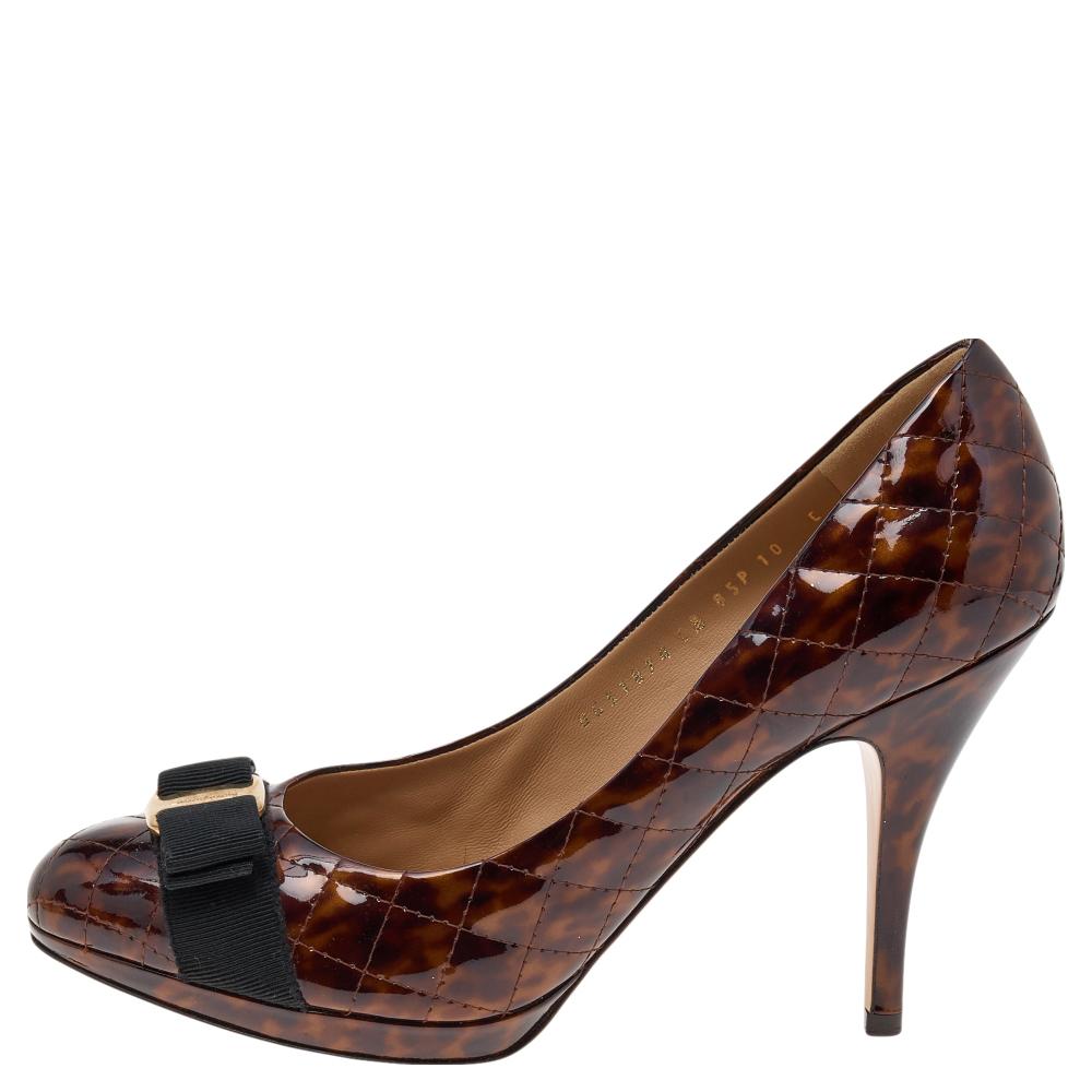 Women's Salvatore Ferragamo Brown Animal Print Quilted Leather Vara Bow Pumps Size 40.5